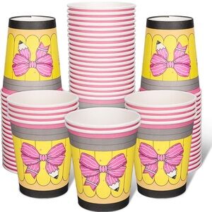 💜100 Pcs Back to School Paper Cups Pink Bow Pencil Disposable Cups 9 oz